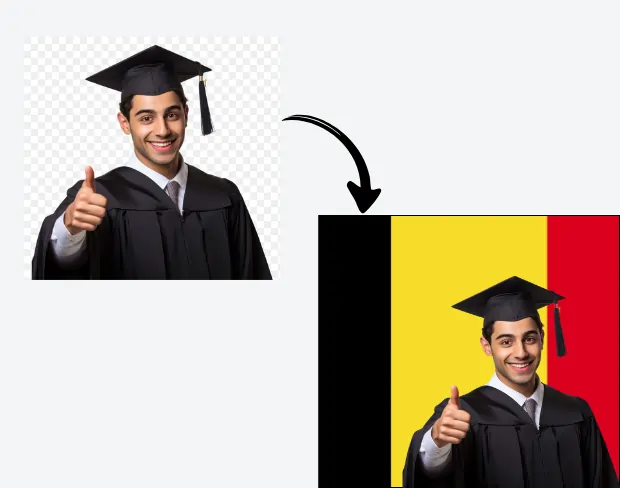 AI video editor showing woman with ready-to-use belgium flag background adding templates for office, classroom, and home—no green screen needed.