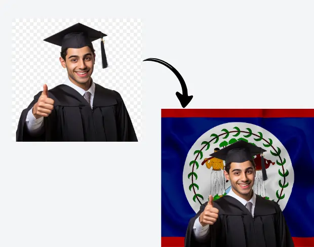 AI video editor showing woman with ready-to-use belize flag background adding templates for office, classroom, and home—no green screen needed.