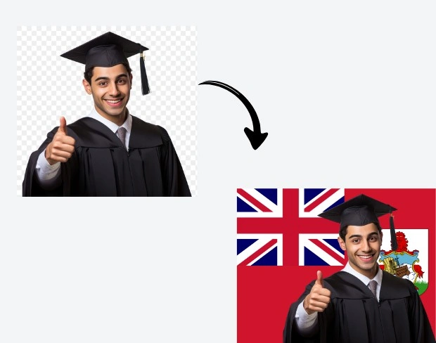AI video editor showing woman with ready-to-use bermuda flag background adding templates for office, classroom, and home—no green screen needed.