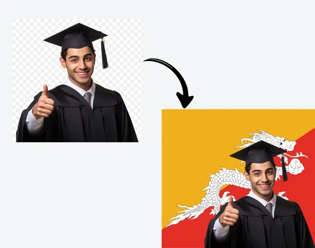 AI video editor showing woman with ready-to-use bhutan flag background adding templates for office, classroom, and home—no green screen needed.