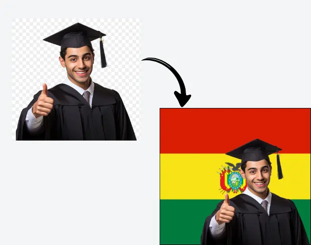 AI video editor showing woman with ready-to-use bolivia flag background adding templates for office, classroom, and home—no green screen needed.