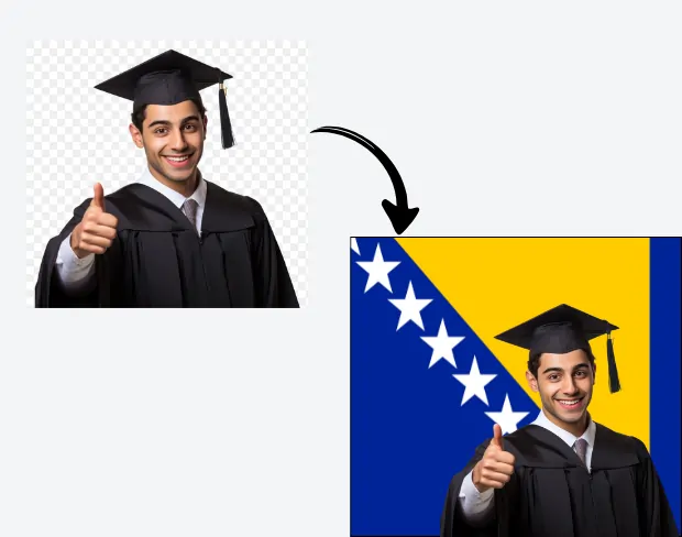 AI video editor showing woman with ready-to-use bosniaandherzegovina flag background adding templates for office, classroom, and home—no green screen needed.