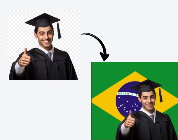AI video editor showing woman with ready-to-use brazil flag background adding templates for office, classroom, and home—no green screen needed.