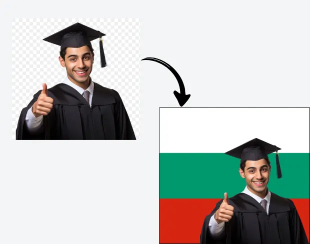 AI video editor showing woman with ready-to-use bulgaria flag background adding templates for office, classroom, and home—no green screen needed.