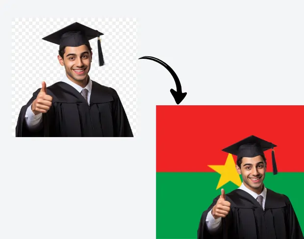 AI video editor showing woman with ready-to-use burkinafaso flag background adding templates for office, classroom, and home—no green screen needed.