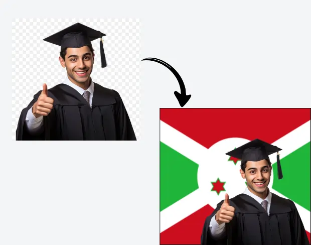 AI video editor showing woman with ready-to-use burundi flag background adding templates for office, classroom, and home—no green screen needed.