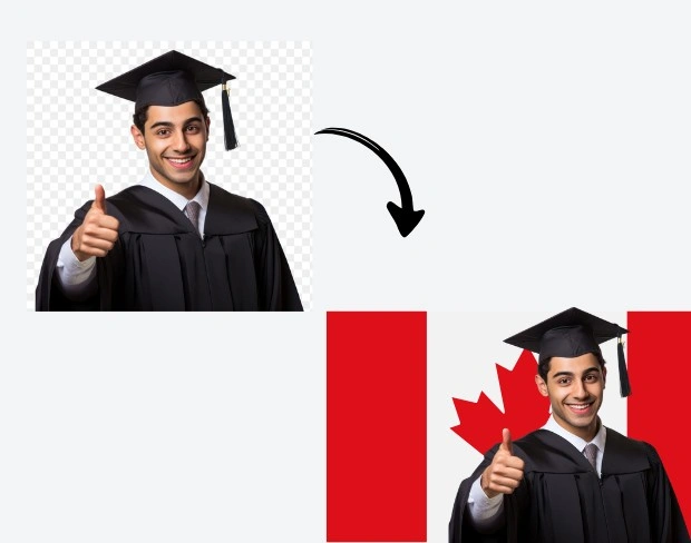 AI video editor showing woman with ready-to-use canada flag background adding templates for office, classroom, and home—no green screen needed.