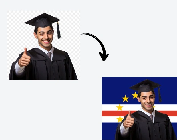 AI video editor showing woman with ready-to-use capeverde flag background adding templates for office, classroom, and home—no green screen needed.
