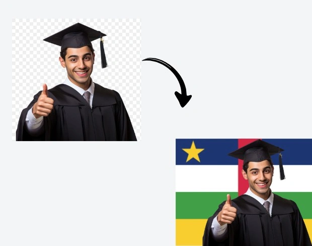 AI video editor showing woman with ready-to-use centralafricanrepublic flag background adding templates for office, classroom, and home—no green screen needed.