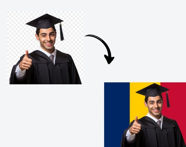 AI video editor showing woman with ready-to-use chad flag background adding templates for office, classroom, and home—no green screen needed.