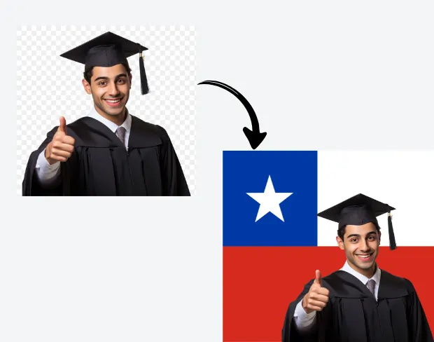 AI video editor showing woman with ready-to-use chile flag background adding templates for office, classroom, and home—no green screen needed.