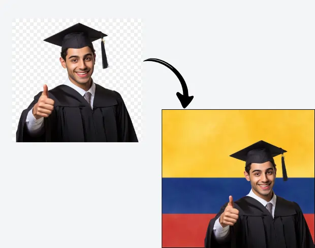 AI video editor showing woman with ready-to-use colombia flag background adding templates for office, classroom, and home—no green screen needed.