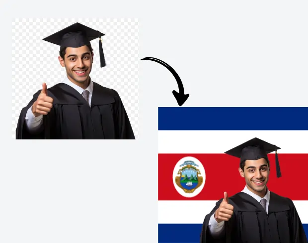 AI video editor showing woman with ready-to-use costarica flag background adding templates for office, classroom, and home—no green screen needed.