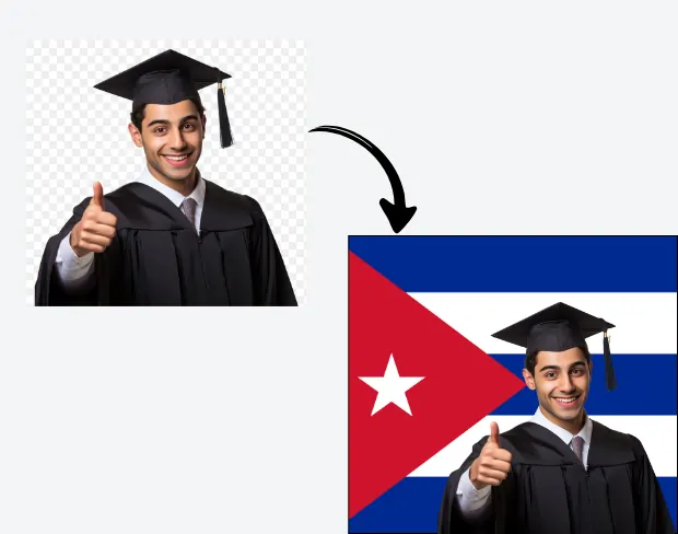 AI video editor showing woman with ready-to-use cuba flag background adding templates for office, classroom, and home—no green screen needed.