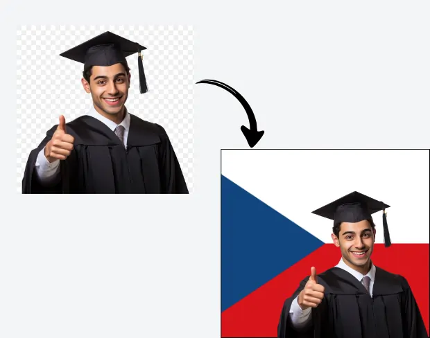 AI video editor showing woman with ready-to-use czechrepublic flag background adding templates for office, classroom, and home—no green screen needed.