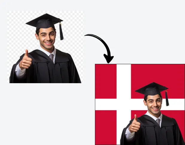 AI video editor showing woman with ready-to-use denmark flag background adding templates for office, classroom, and home—no green screen needed.
