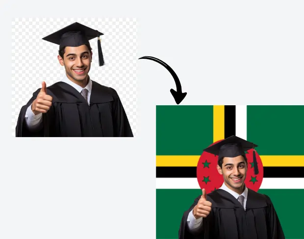 AI video editor showing woman with ready-to-use dominica flag background adding templates for office, classroom, and home—no green screen needed.