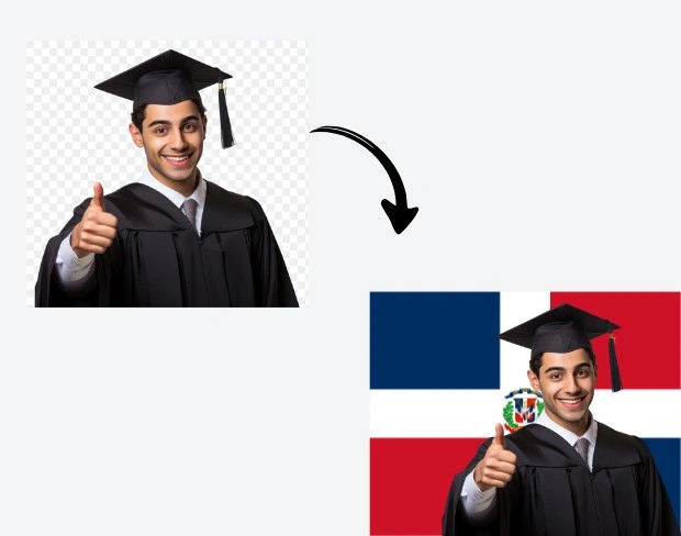 AI video editor showing woman with ready-to-use dominicanrepublic flag background adding templates for office, classroom, and home—no green screen needed.