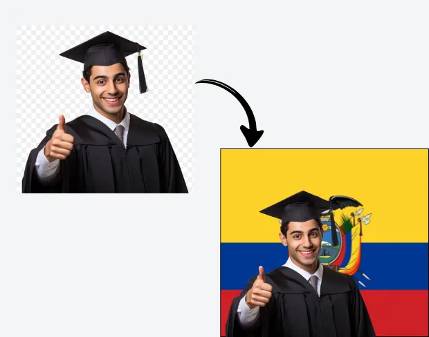 AI video editor showing woman with ready-to-use ecuador flag background adding templates for office, classroom, and home—no green screen needed.