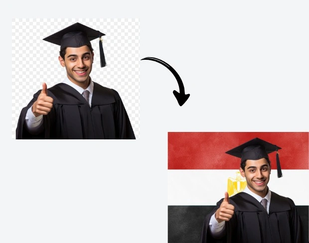 AI video editor showing woman with ready-to-use egypt flag background adding templates for office, classroom, and home—no green screen needed.