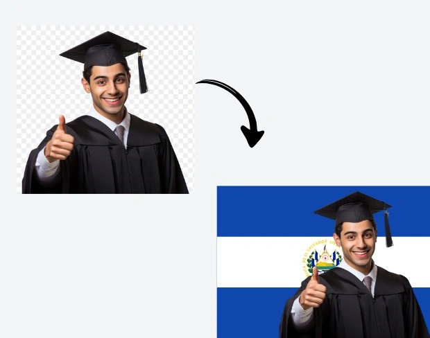 AI video editor showing woman with ready-to-use elsalvador flag background adding templates for office, classroom, and home—no green screen needed.