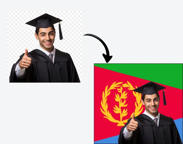 AI video editor showing woman with ready-to-use eritrea flag background adding templates for office, classroom, and home—no green screen needed.