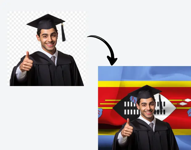 AI video editor showing woman with ready-to-use eswatini flag background adding templates for office, classroom, and home—no green screen needed.