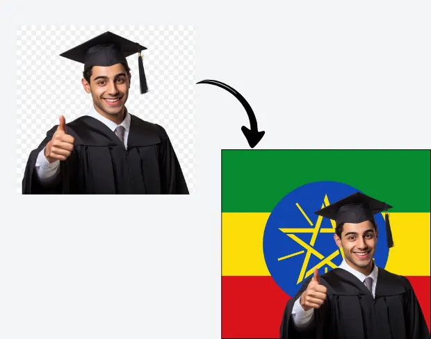 AI video editor showing woman with ready-to-use ethiopia flag background adding templates for office, classroom, and home—no green screen needed.