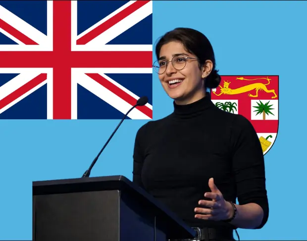 Family photo with AI-added fiji flag background using video background editor tool—ready for virtual or fiji flag background.