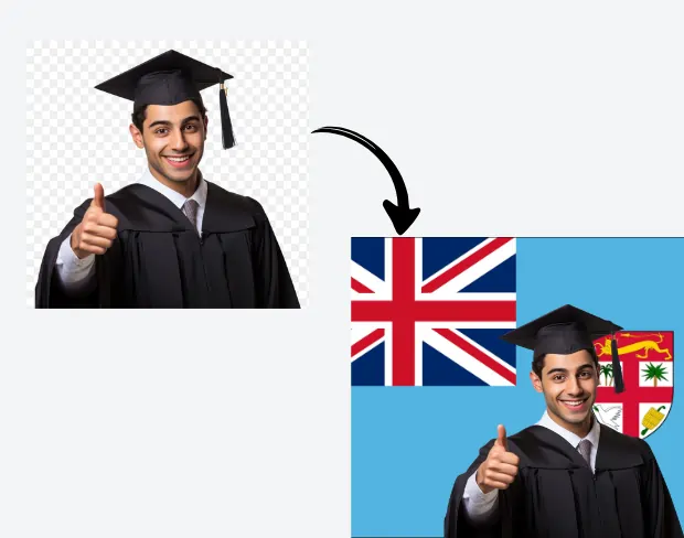 AI video editor showing woman with ready-to-use fiji flag background adding templates for office, classroom, and home—no green screen needed.