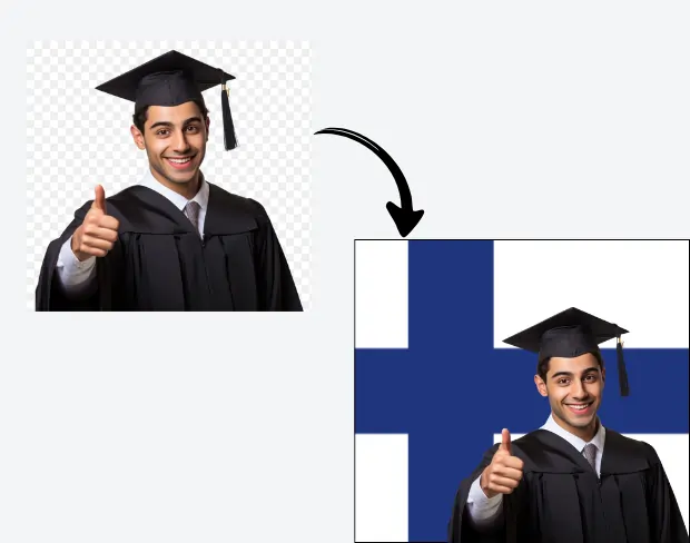 AI video editor showing woman with ready-to-use finland flag background adding templates for office, classroom, and home—no green screen needed.