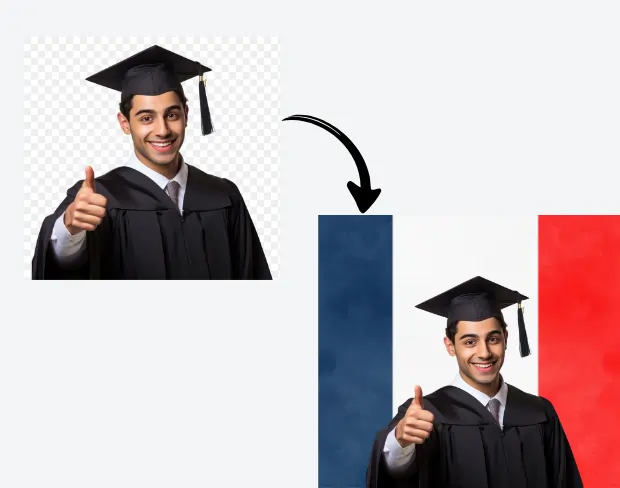 AI video editor showing woman with ready-to-use france flag background adding templates for office, classroom, and home—no green screen needed.