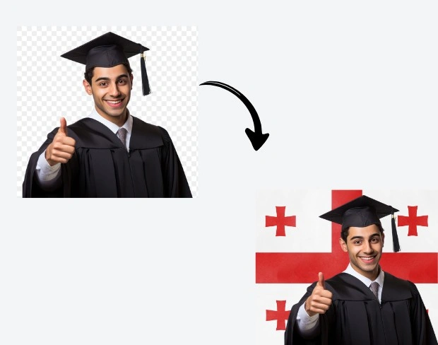 AI video editor showing woman with ready-to-use georgia flag background adding templates for office, classroom, and home—no green screen needed.