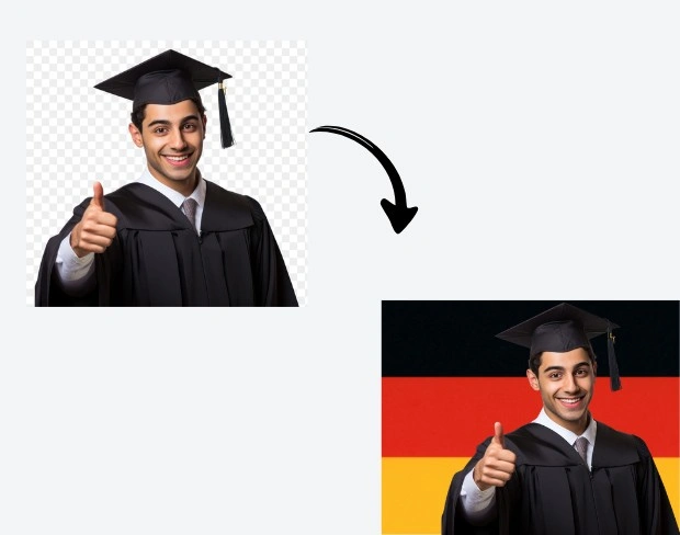 AI video editor showing woman with ready-to-use germany flag background adding templates for office, classroom, and home—no green screen needed.