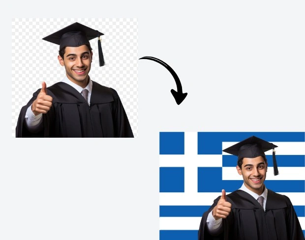 AI video editor showing woman with ready-to-use greece flag background adding templates for office, classroom, and home—no green screen needed.