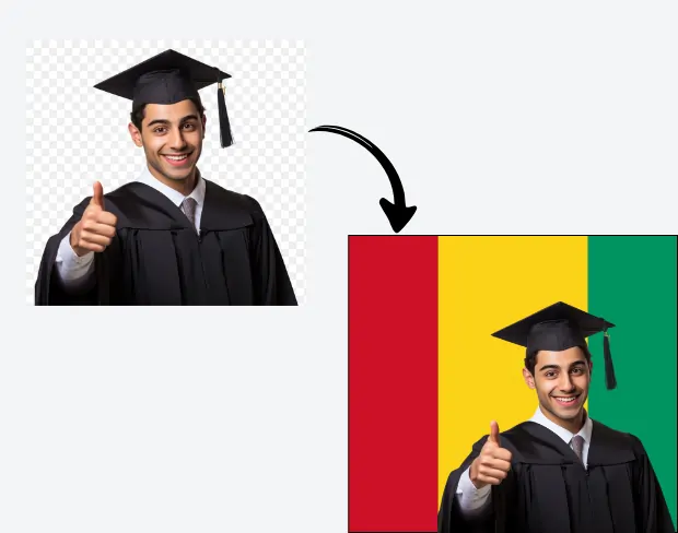 AI video editor showing woman with ready-to-use guinea flag background adding templates for office, classroom, and home—no green screen needed.