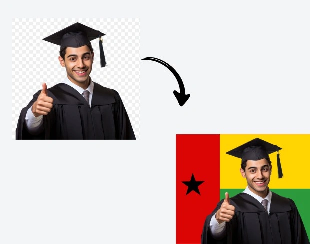 AI video editor showing woman with ready-to-use guineabissau flag background adding templates for office, classroom, and home—no green screen needed.