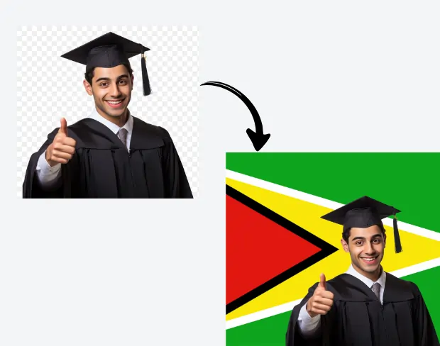 AI video editor showing woman with ready-to-use guyana flag background adding templates for office, classroom, and home—no green screen needed.