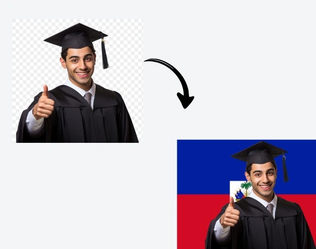 AI video editor showing woman with ready-to-use haiti flag background adding templates for office, classroom, and home—no green screen needed.