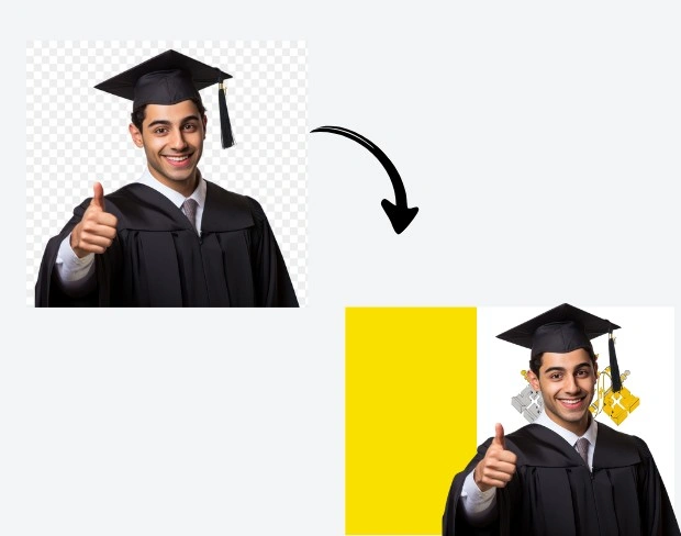 AI video editor showing woman with ready-to-use holysee flag background adding templates for office, classroom, and home—no green screen needed.