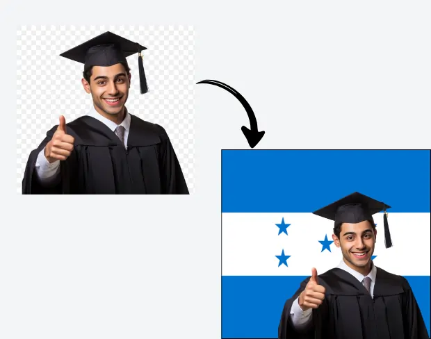 AI video editor showing woman with ready-to-use honduras flag background adding templates for office, classroom, and home—no green screen needed.