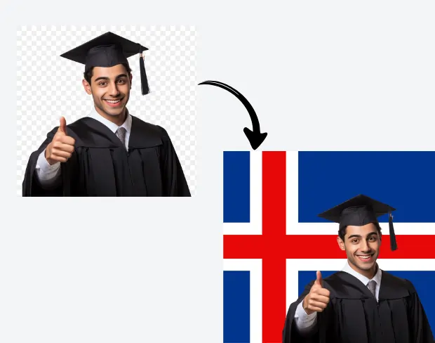 AI video editor showing woman with ready-to-use iceland flag background adding templates for office, classroom, and home—no green screen needed.