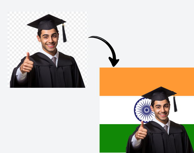 AI video editor showing woman with ready-to-use india flag background adding templates for office, classroom, and home—no green screen needed.