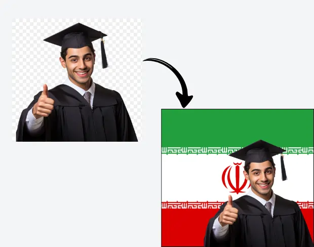 AI video editor showing woman with ready-to-use iran flag background adding templates for office, classroom, and home—no green screen needed.