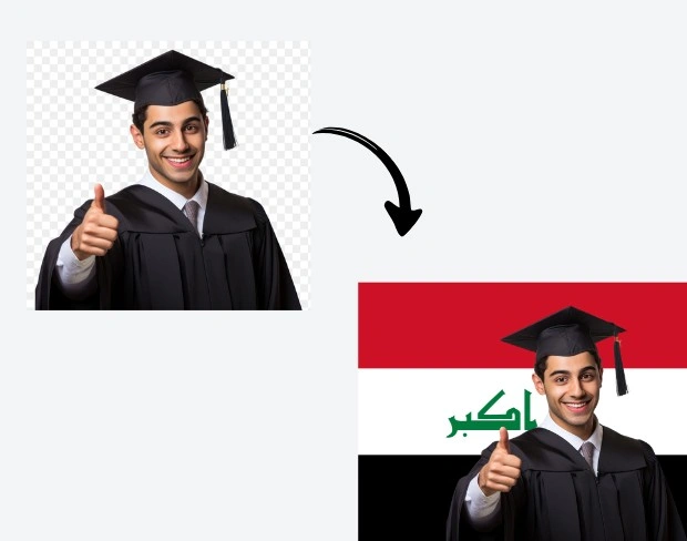 AI video editor showing woman with ready-to-use iraq flag background adding templates for office, classroom, and home—no green screen needed.