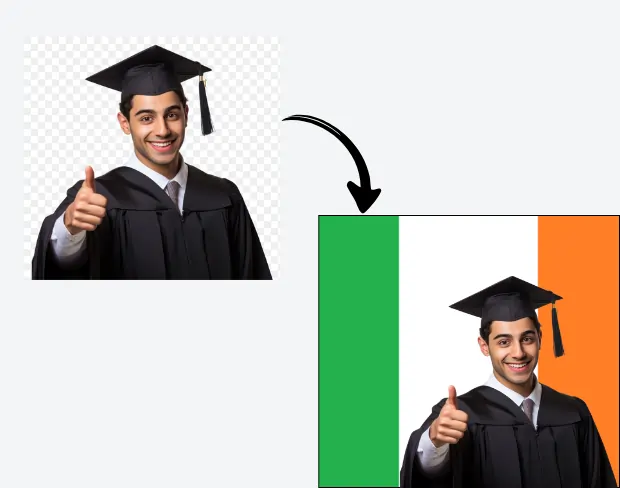 AI video editor showing woman with ready-to-use ireland flag background adding templates for office, classroom, and home—no green screen needed.