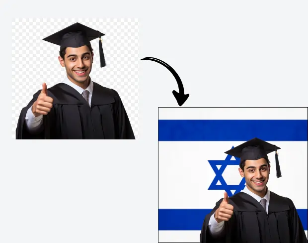 AI video editor showing woman with ready-to-use israel flag background adding templates for office, classroom, and home—no green screen needed.