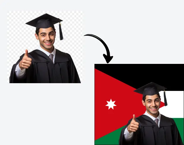 AI video editor showing woman with ready-to-use jordan flag background adding templates for office, classroom, and home—no green screen needed.