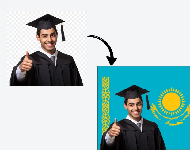 AI video editor showing woman with ready-to-use kazakhstan flag background adding templates for office, classroom, and home—no green screen needed.
