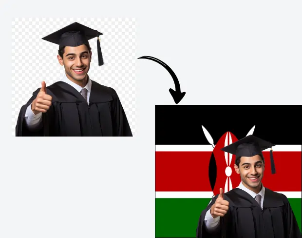 AI video editor showing woman with ready-to-use kenya flag background adding templates for office, classroom, and home—no green screen needed.